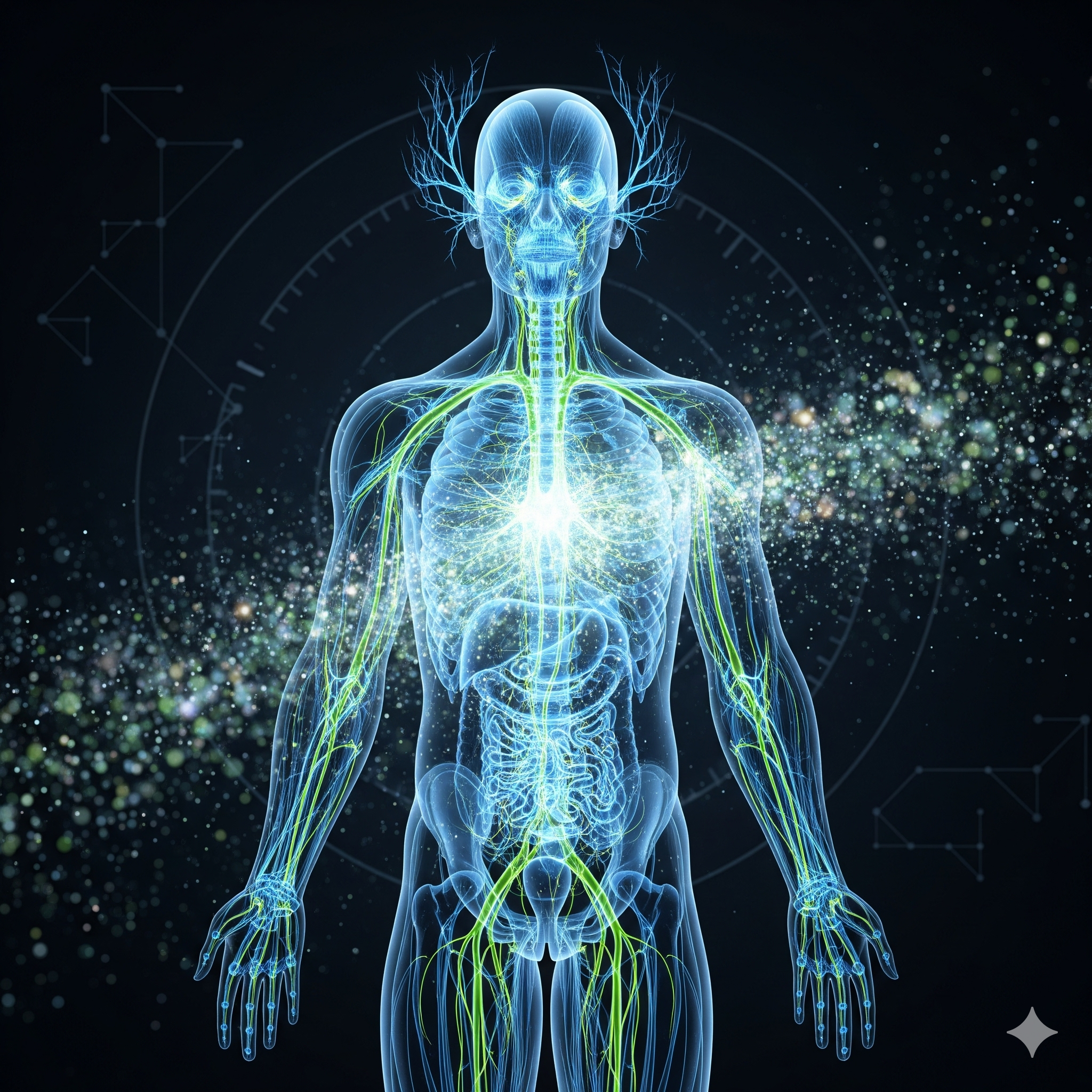 Corp uman holografic cu rețele neuronale și circulație bioelectrică pulsând