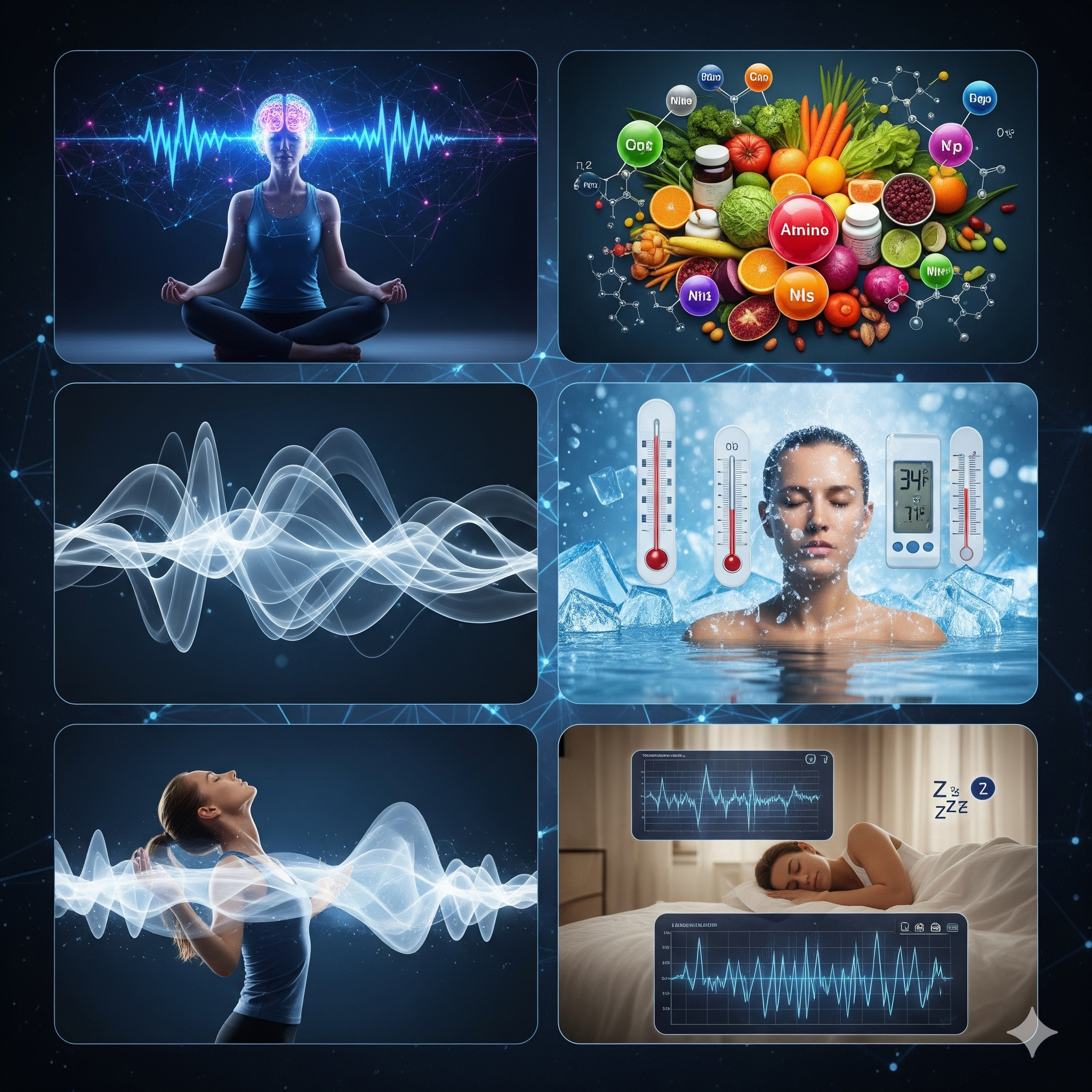 Colaj vizual cu tehnici de biohacking: meditație, respirație, nutriție, somn