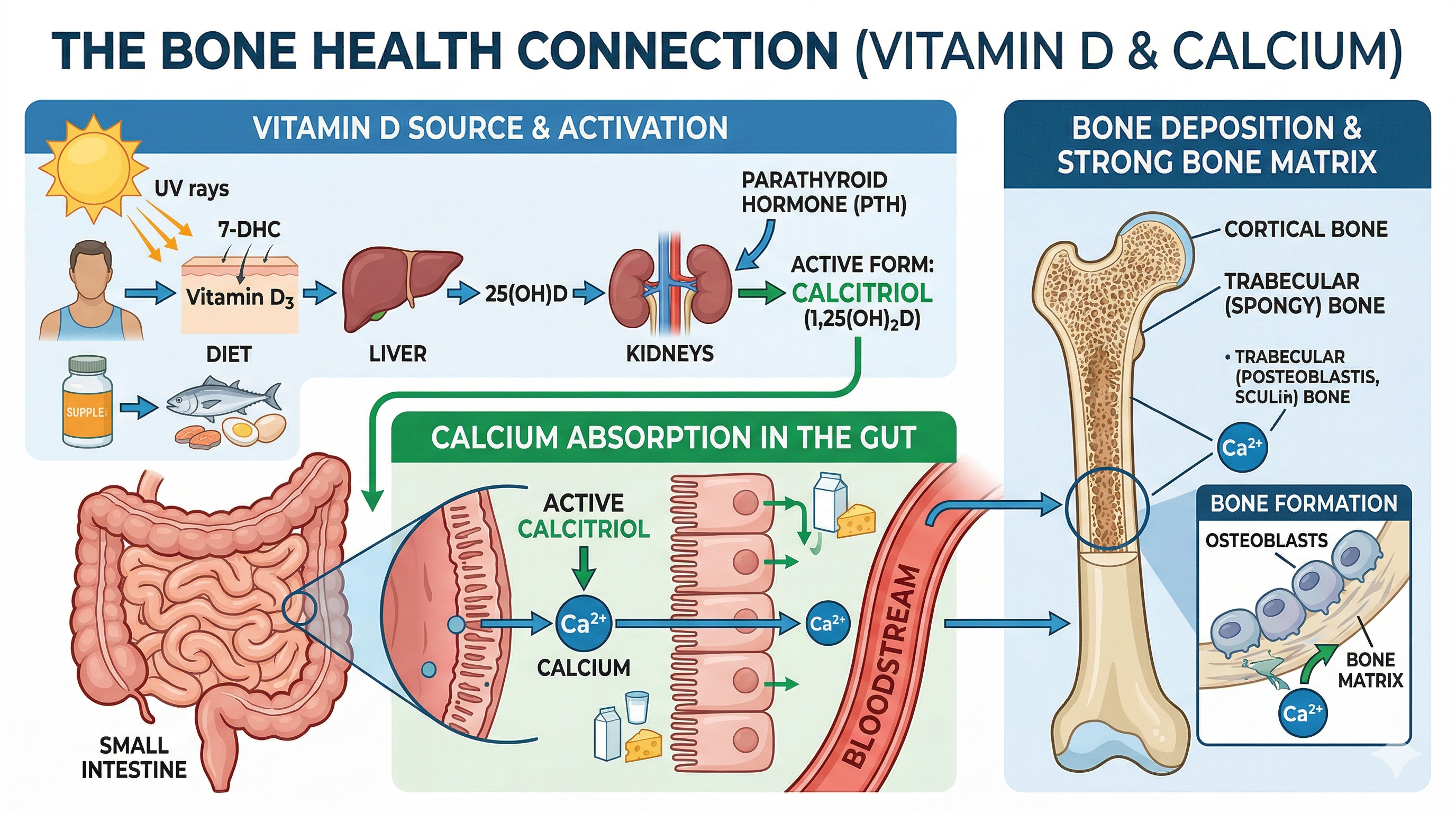 Infografic Bone Health Connection — sinergia Vitamina D și Calciu
