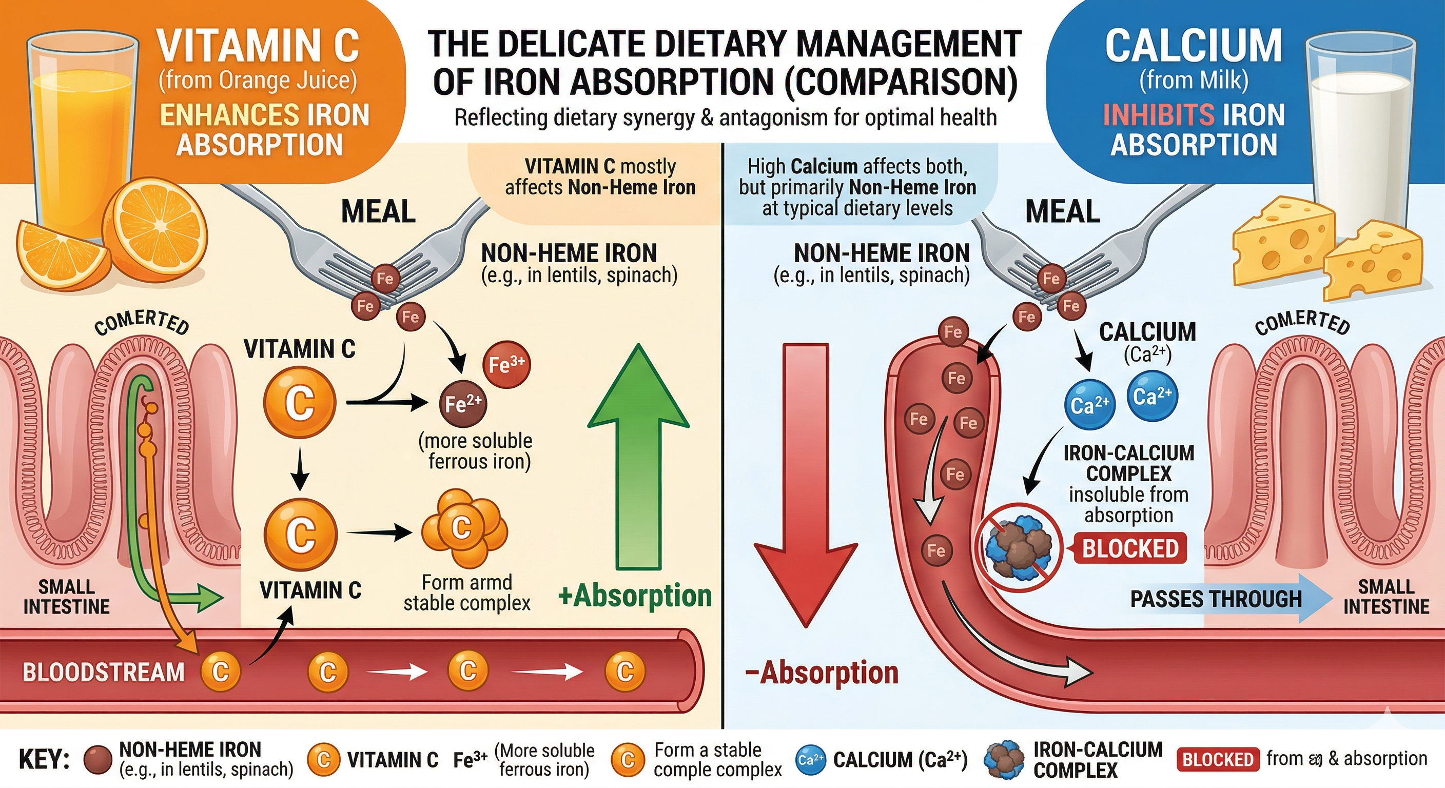 Infografic comparativ Iron Absorption — Vitamina C enhancer vs Calciu inhibitor