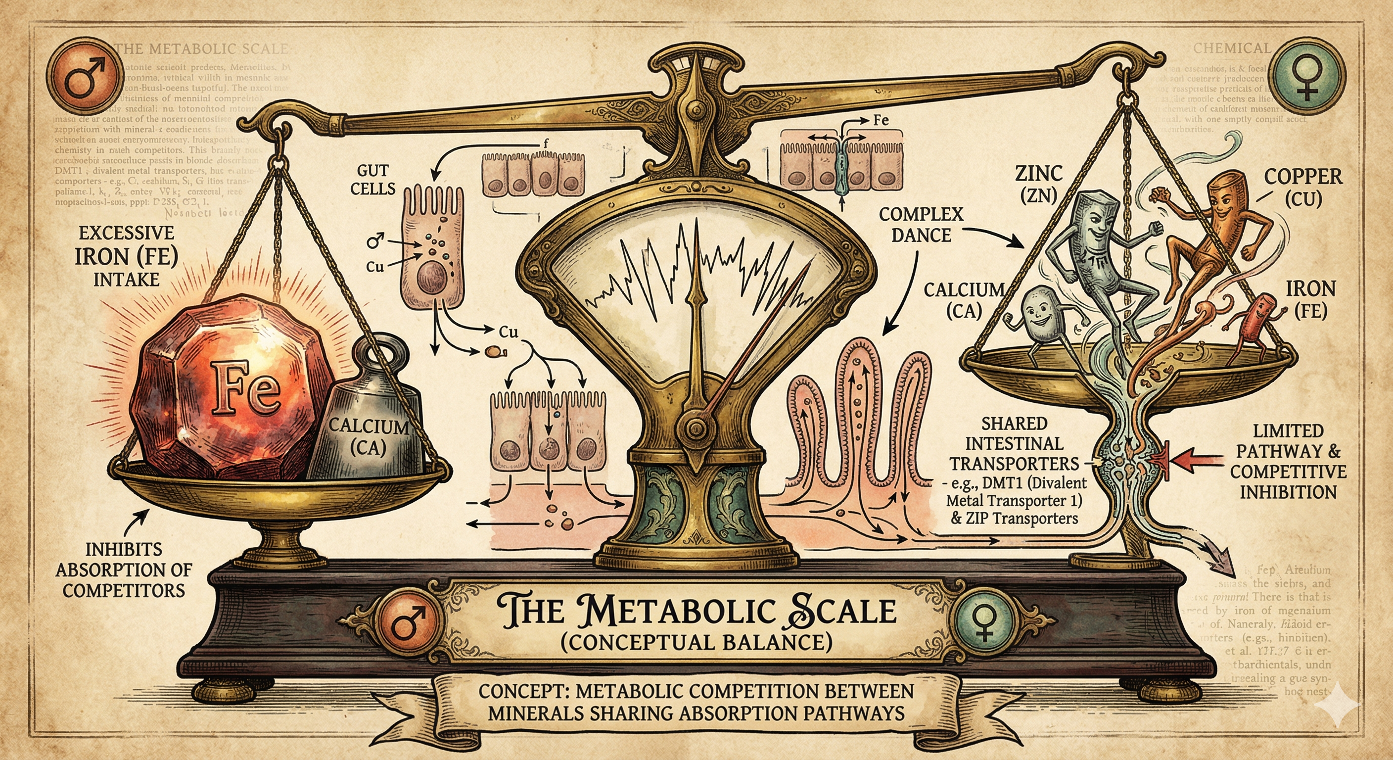 Ilustrație balanță metabolică — competiția mineralelor Zn, Cu, Ca, Fe